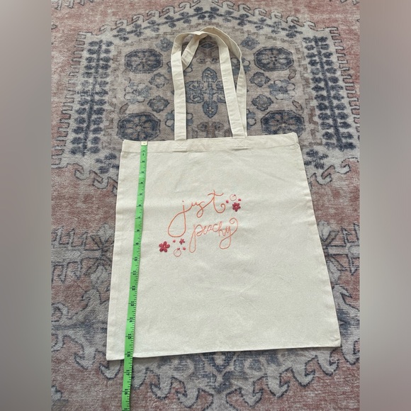 Hand Embroidered Peach ‘Just Peachy’ Tan Canvas On The Go Tote Bag - Picture 4 of 5